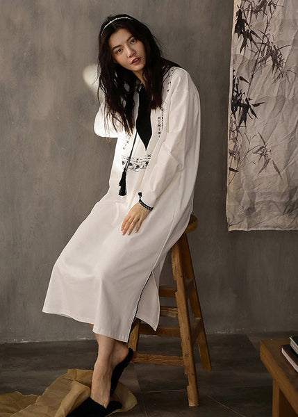 Casual White O-Neck Print Side Open Cotton Long Dress Spring LY1888