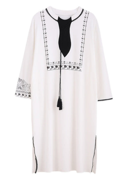 Casual White O-Neck Print Side Open Cotton Long Dress Spring LY1888
