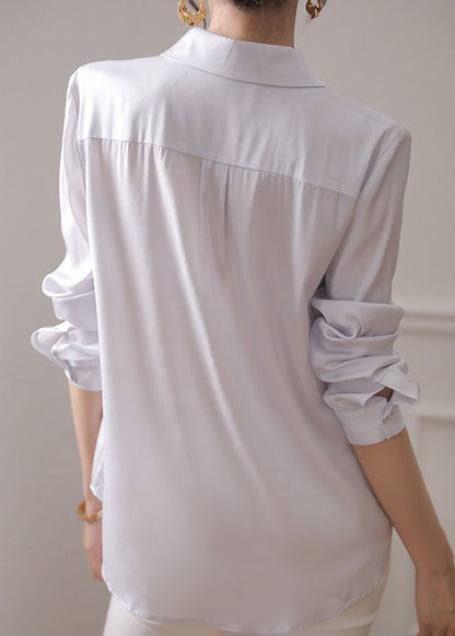 Casual White Print Button Patchwork Silk Shirt Tops Spring LY0379