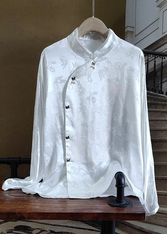 Casual White Stand Collar Patchwork Jacquard Silk Shirts Spring LY1065