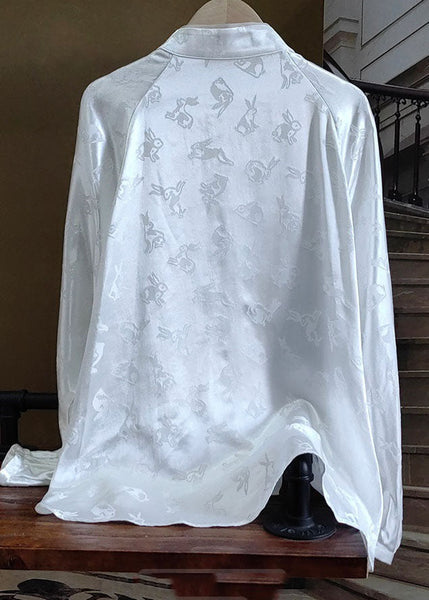 Casual White Stand Collar Patchwork Jacquard Silk Shirts Spring LY1065