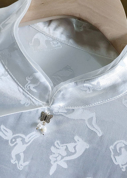 Casual White Stand Collar Patchwork Jacquard Silk Shirts Spring LY1065