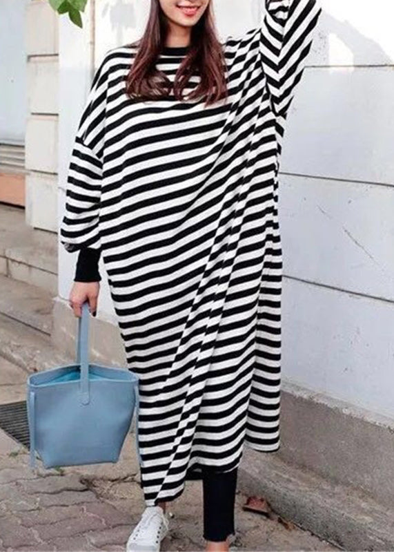 Casual Women Crew Neck Batwing Sleeve Striped Black Long Sweatshirt Dress LC0038