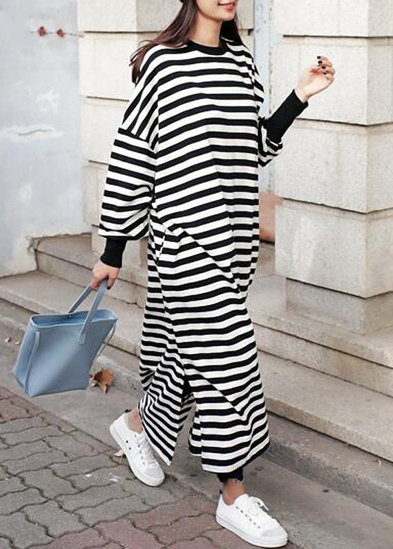 Casual Women Crew Neck Batwing Sleeve Striped Black Long Sweatshirt Dress LC0038