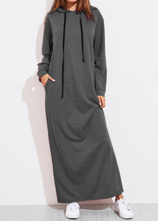 Casual Women Solid Color Full Sleeve Long Hooded Sweatshirt Dress Dark Gray LC0020