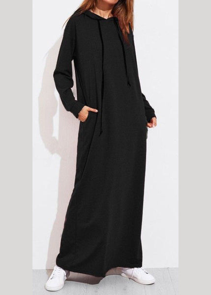 Casual Women Solid Color Full Sleeve Long Hooded Sweatshirt Dress Dark Gray LC0020