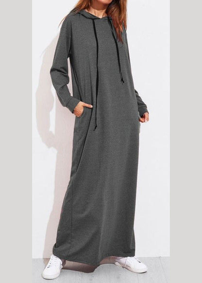 Casual Women Solid Color Full Sleeve Long Hooded Sweatshirt Dress Dark Gray LC0020
