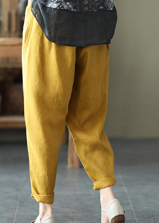 Casual Yellow Pockets Patchwork Elastic Waist Linen Pants Summer LY0584