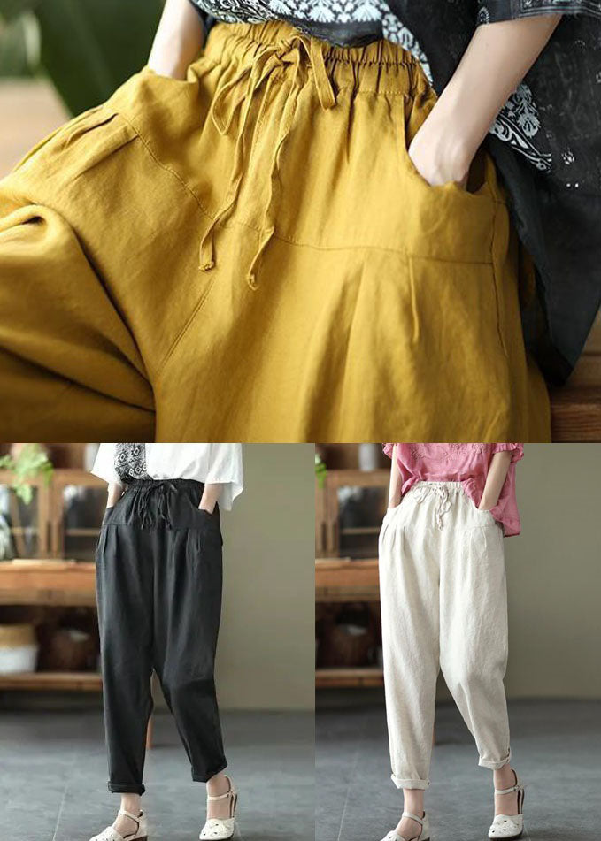 Casual Yellow Pockets Patchwork Elastic Waist Linen Pants Summer LY0584