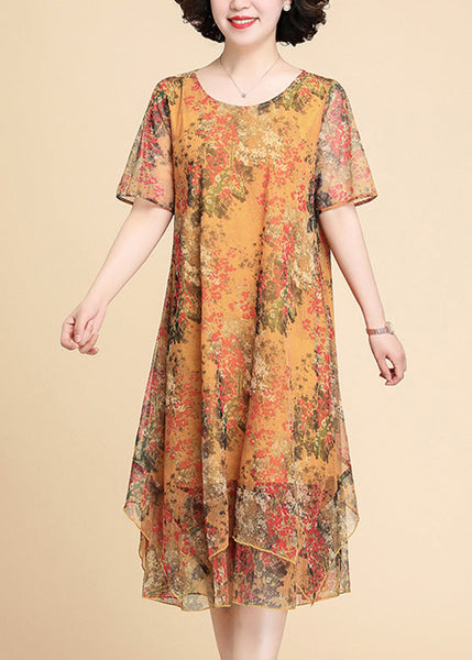 Casual Yellow Print Chiffon Maxi Dress Summer LY1784