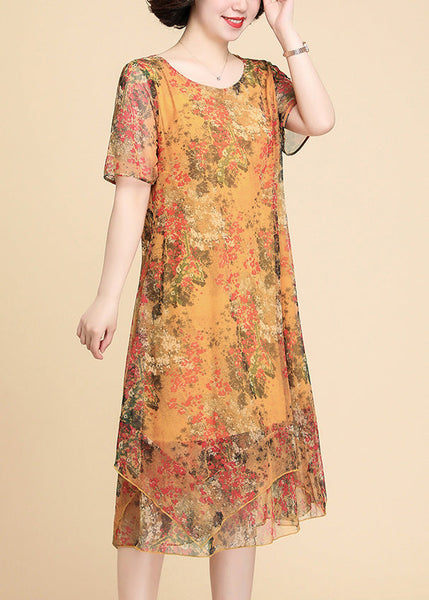 Casual Yellow Print Chiffon Maxi Dress Summer LY1784