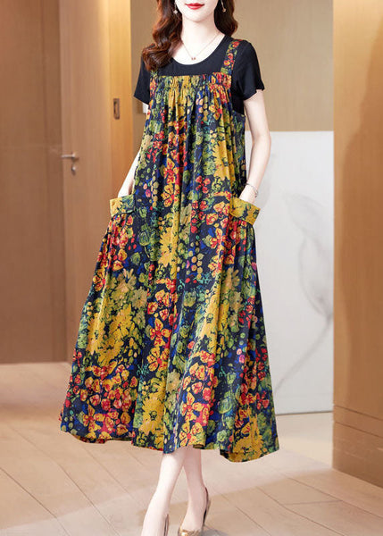 Robe de vacances décontractée jaune imprimée en soie à ourlet extra large AC2030