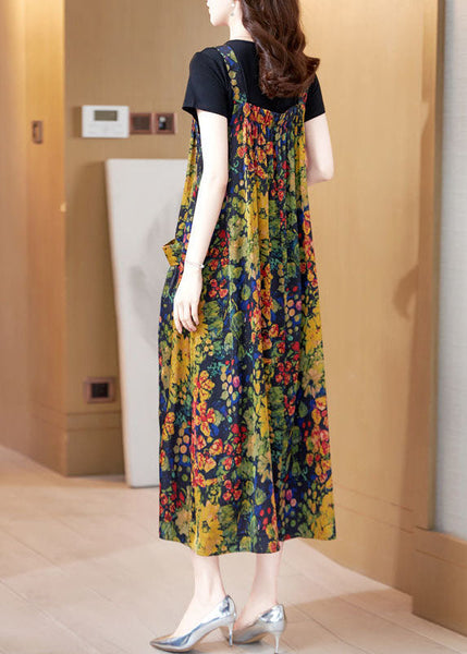 Robe de vacances décontractée jaune imprimée en soie à ourlet extra large AC2030