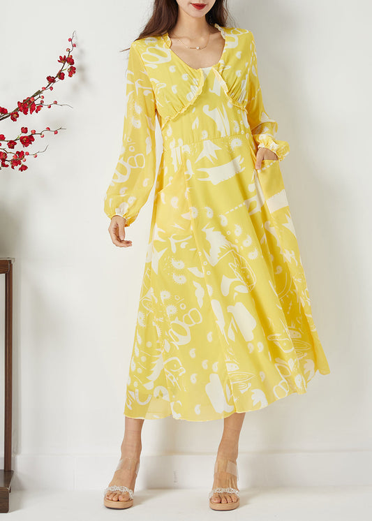 Casual Yellow Ruffled Cinched Print Chiffon Dress Summer LC0393