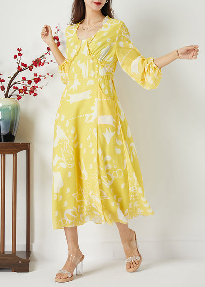 Casual Yellow Ruffled Cinched Print Chiffon Dress Summer LC0393