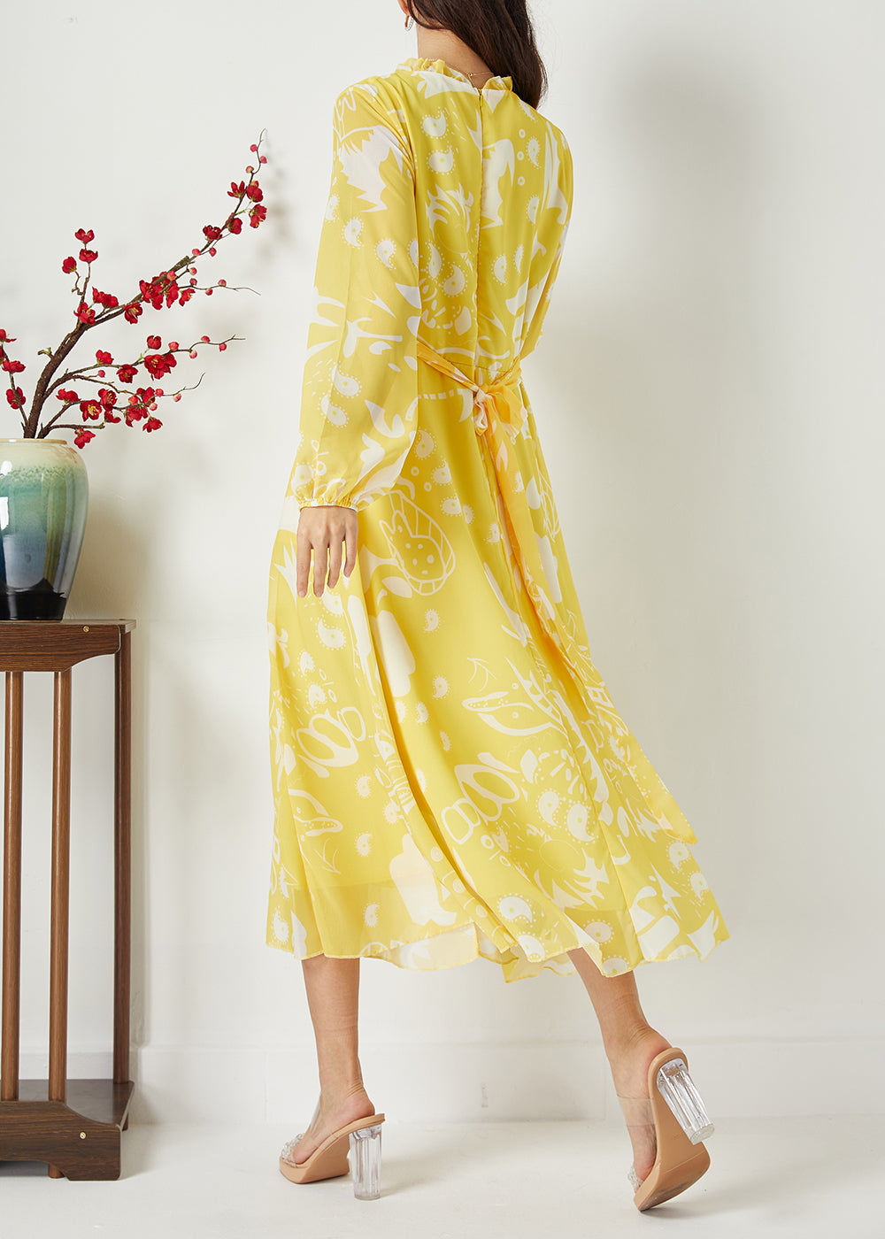 Casual Yellow Ruffled Cinched Print Chiffon Dress Summer LC0393