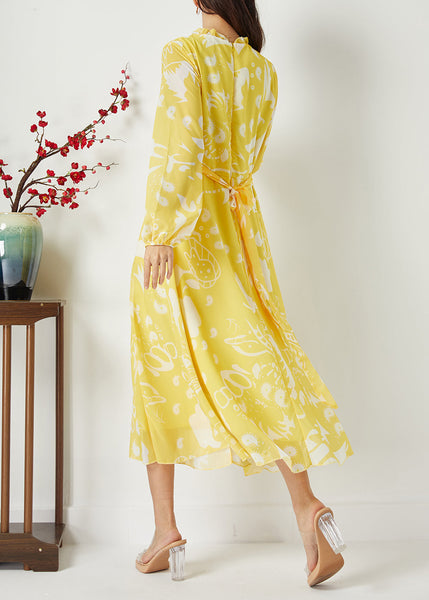 Casual Yellow Ruffled Cinched Print Chiffon Dress Summer LY1123