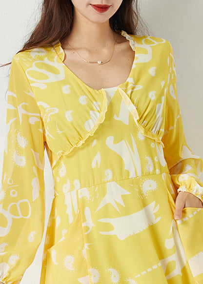 Casual Yellow Ruffled Cinched Print Chiffon Dress Summer LC0393