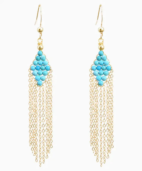 Chic 14K Gold Turquoise Tassel Drop Earrings Ada Fashion