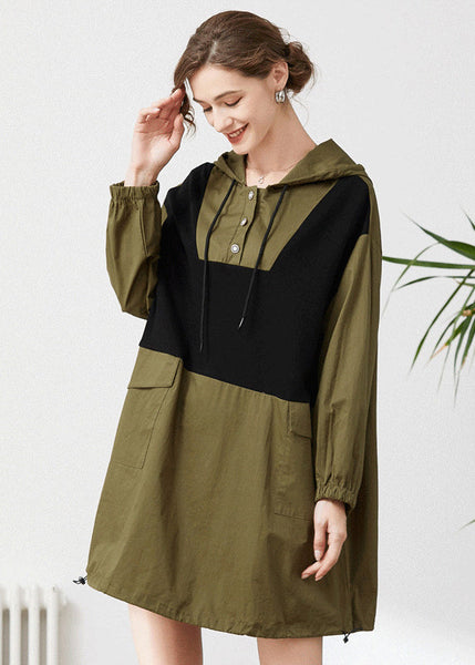 Chic Army Green Hooded Oversized Patchwork Cotton Sweatshirt Streetwear Spring LY0294