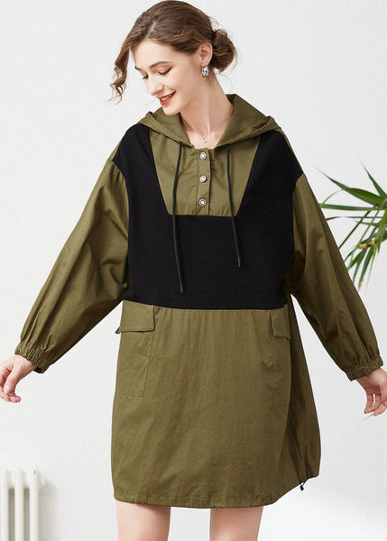 Chic Army Green Hooded Oversized Patchwork Cotton Sweatshirt Streetwear Spring LY0294