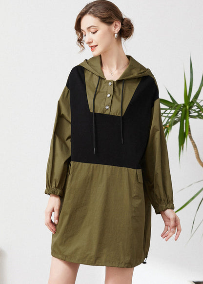 Chic Army Green Hooded Oversized Patchwork Cotton Sweatshirt Streetwear Spring LY0294