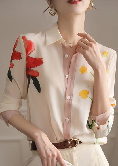 Chic Beige Peter Pan Collar Print Button Chiffon Shirt Spring LY0355