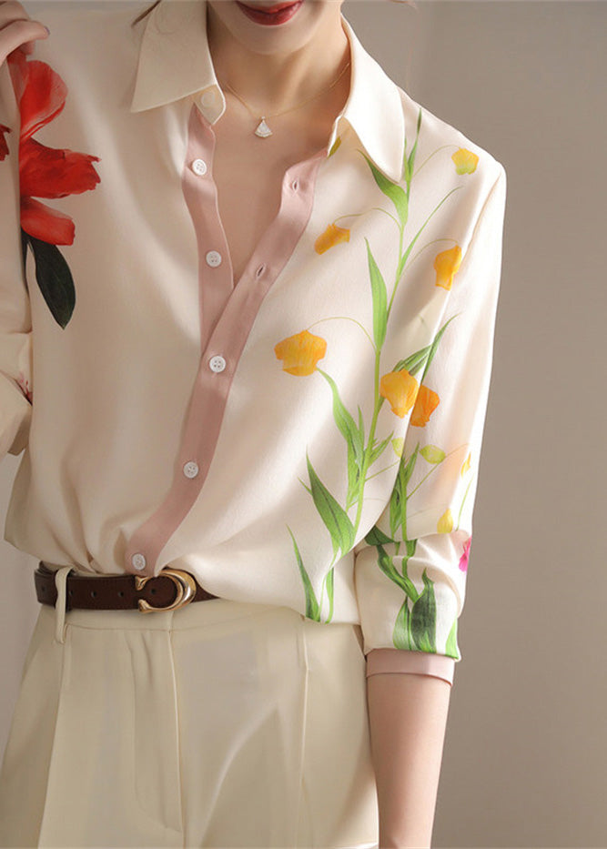 Chic Beige Peter Pan Collar Print Button Chiffon Shirt Spring LY0355