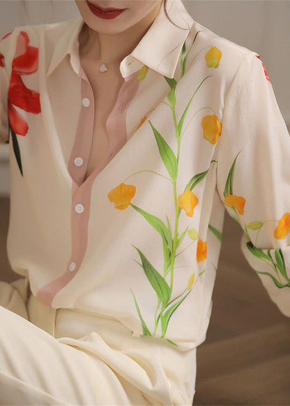 Chic Beige Peter Pan Collar Print Button Chiffon Shirt Spring LY0355