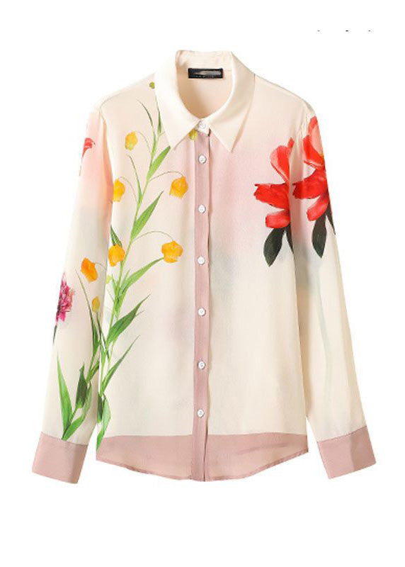 Chic Beige Peter Pan Collar Print Button Chiffon Shirt Spring LY0355