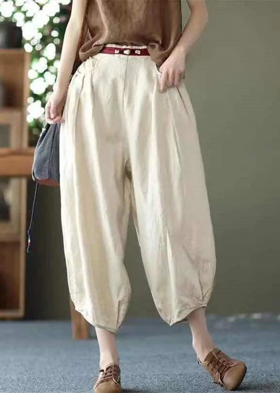 Chic Beige Pockets Wrinkled Patchwork Linen Harem Pants Summer LY0592