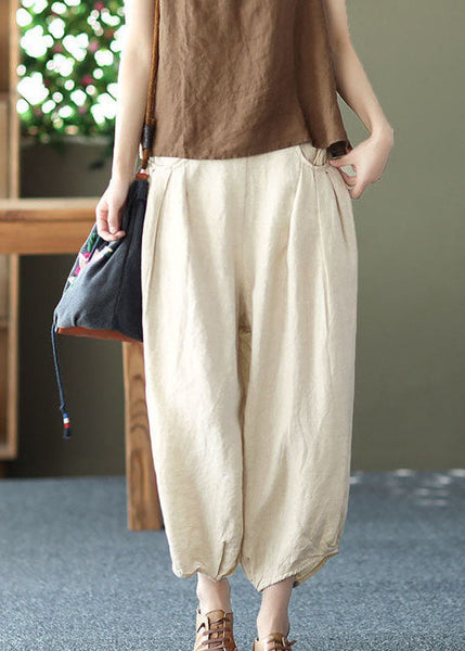 Chic Beige Pockets Wrinkled Patchwork Linen Harem Pants Summer LY0592