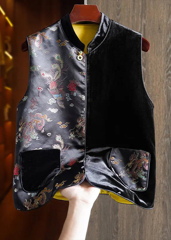 Chic Black Asymmetrical Embroidered Pockets Silk Velour Waistcoat Sleeveless Ada Fashion