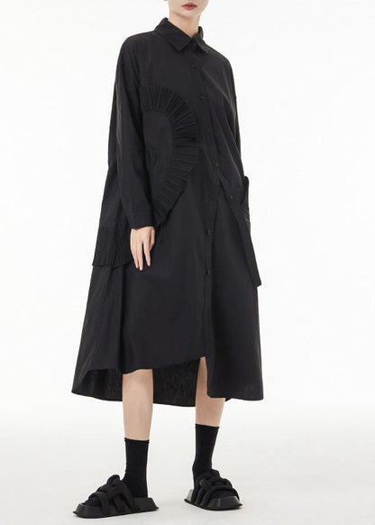 Chic Black Asymmetrical Wrinkled Cotton Robe Dresses Spring LC0139