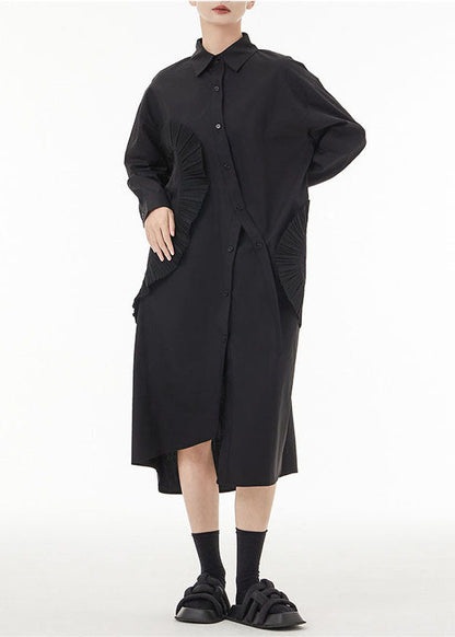 Chic Black Asymmetrical Wrinkled Cotton Robe Dresses Spring LC0139