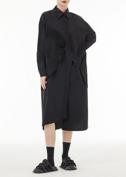 Chic Black Asymmetrical Wrinkled Cotton Robe Dresses Spring LC0139