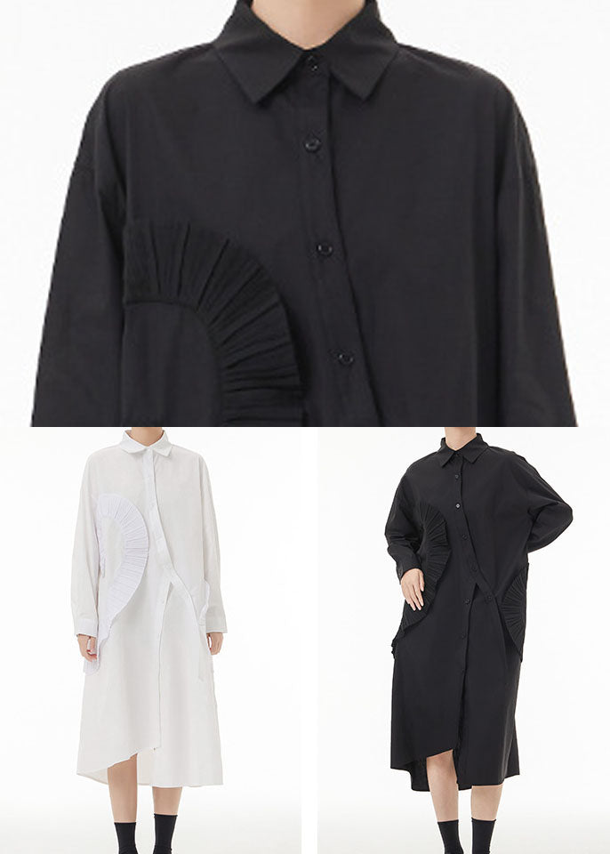 Chic Black Asymmetrical Wrinkled Cotton Robe Dresses Spring LC0139