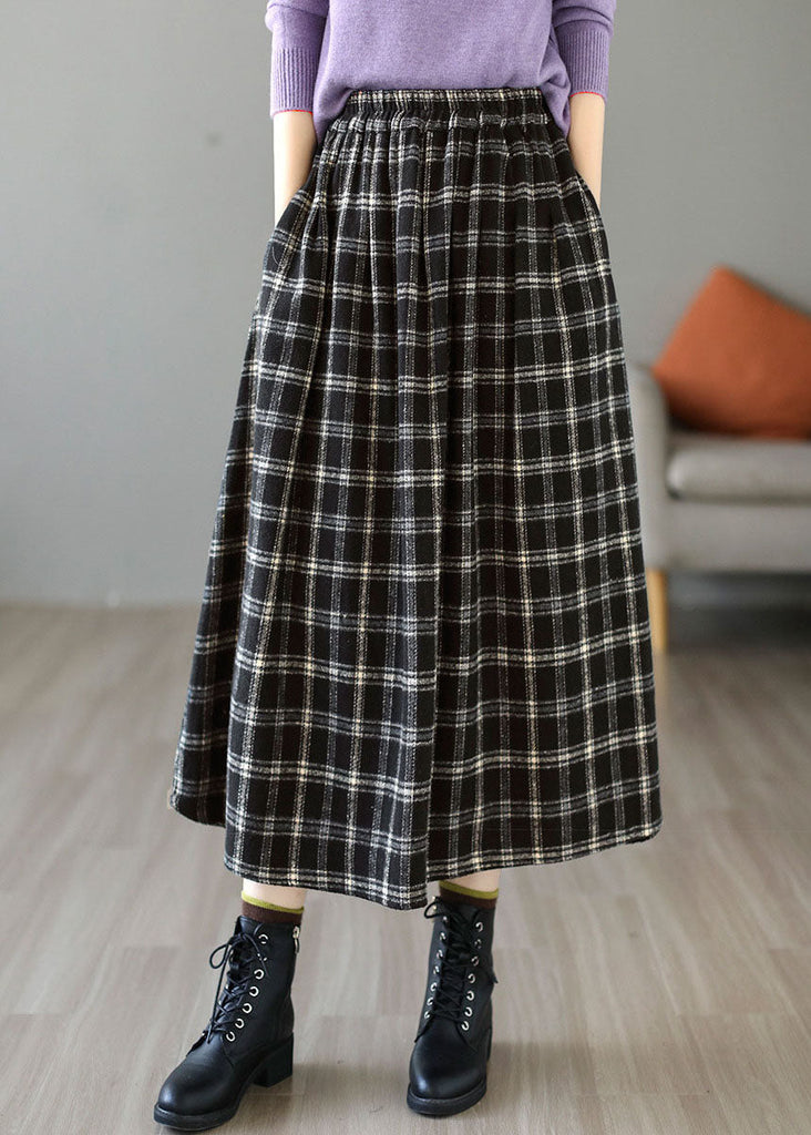 Chic Black Elastic Waist Plaid Cotton A Line Skirt Spring TG1034