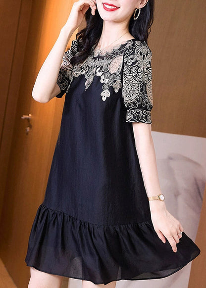 Chic Black Embroideried O-Neck Hollow Out Long Dresses Short Sleeve TI1035