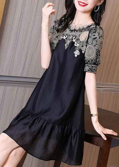 Chic Black Embroideried O-Neck Hollow Out Long Dresses Short Sleeve TI1035