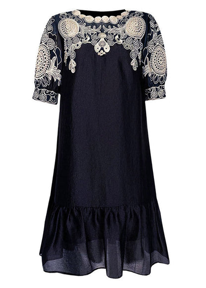 Chic Black Embroideried O-Neck Hollow Out Long Dresses Short Sleeve TI1035