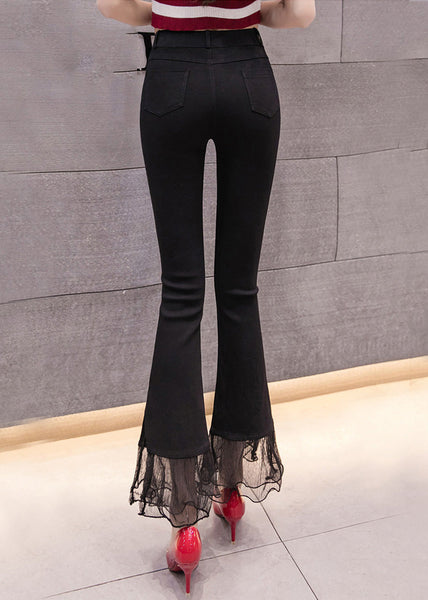 Chic Black High Waist Lace Patchwork Side Open Crop Pants Spring LY0173