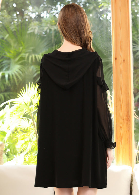 Chic Black Hooded Ruffles Bear Print Chiffon Sweatshirt Streetwear Dress Spring LY0289