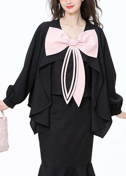 Chic Black O-Neck Bow Chiffon Shirt Long Sleeve LY0747