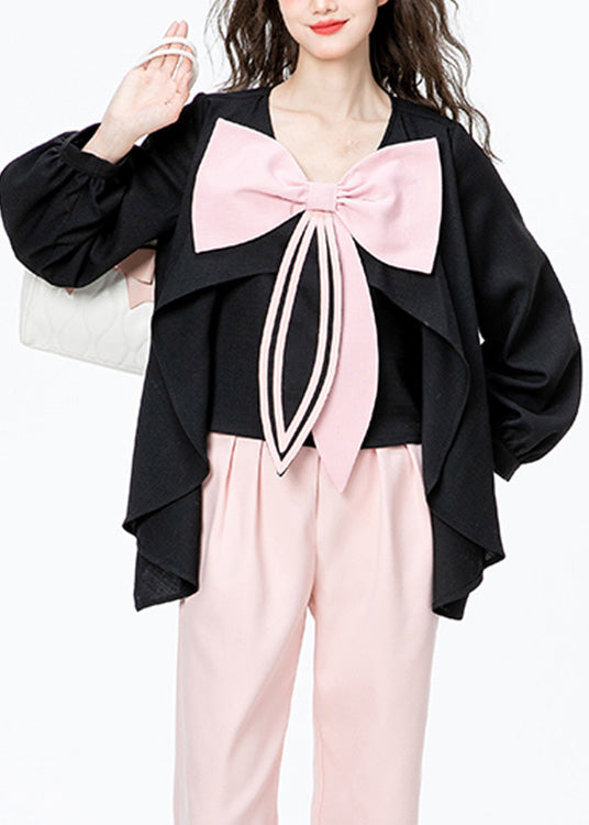 Chic Black O-Neck Bow Chiffon Shirt Long Sleeve LY0747