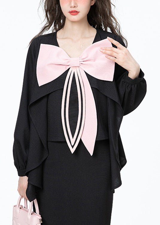 Chic Black O-Neck Bow Chiffon Shirt Long Sleeve LY0747