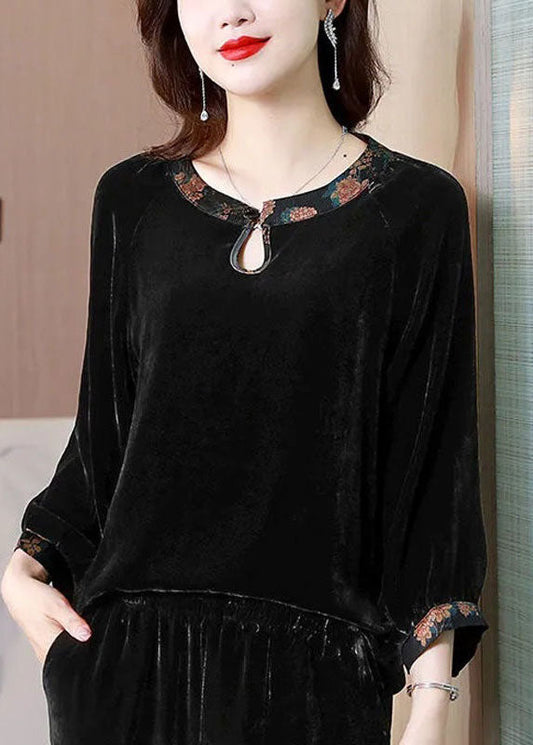 Chic Black O Neck Patchwork Silk Velour Shirts Top Spring TI1030