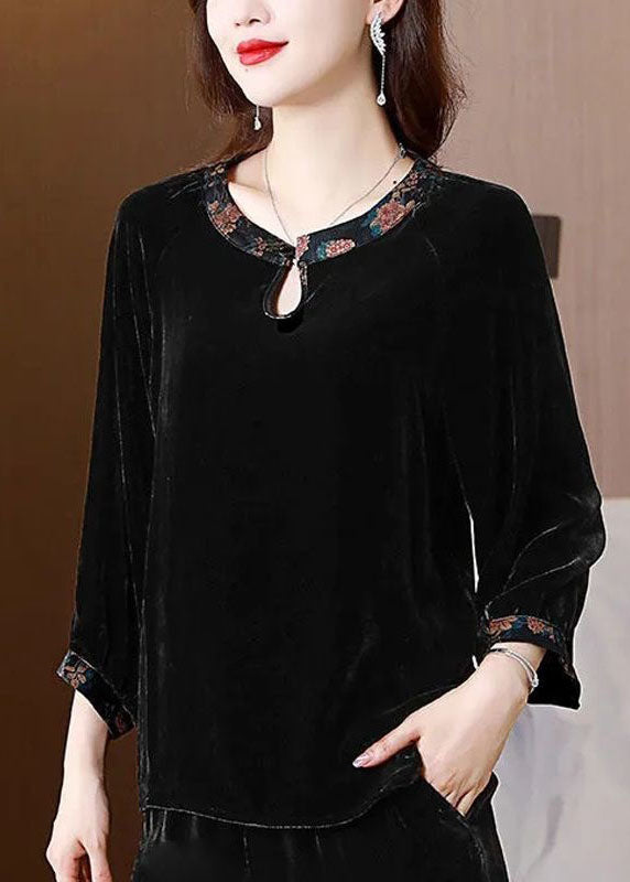 Chic Black O Neck Patchwork Silk Velour Shirts Top Spring TI1030