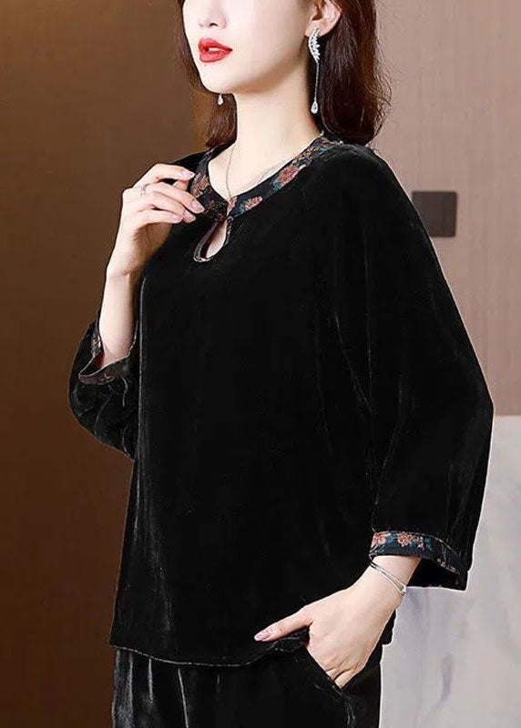 Chic Black O Neck Patchwork Silk Velour Shirts Top Spring TI1030