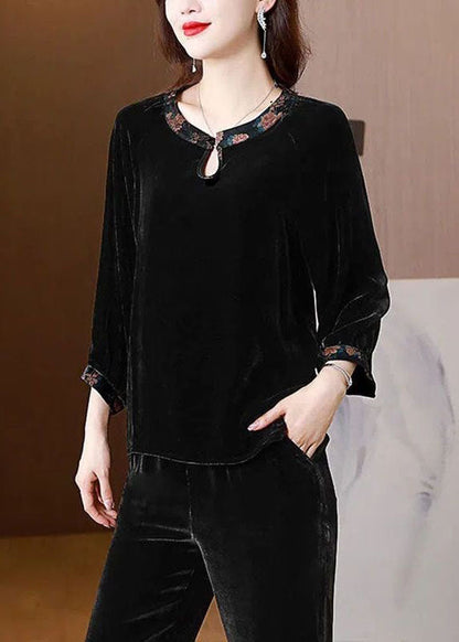 Chic Black O Neck Patchwork Silk Velour Shirts Top Spring TI1030